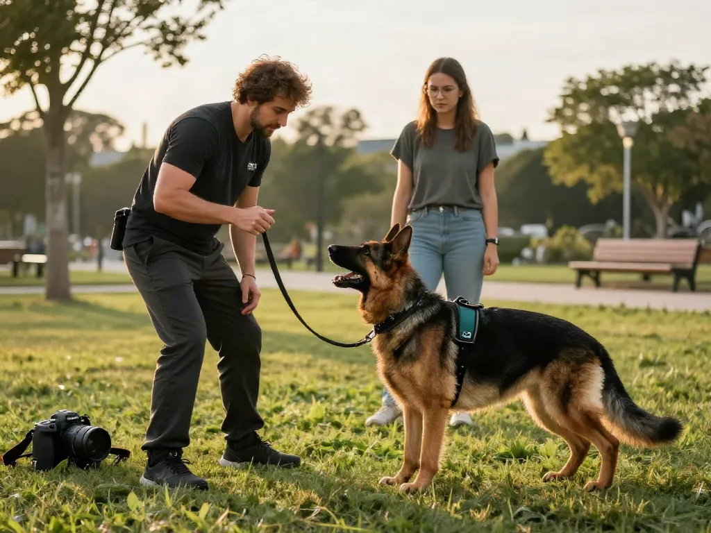 ROKOK88 rtp dog trainer using modern K9 gear with an eager German Shepherd in a sunny park.