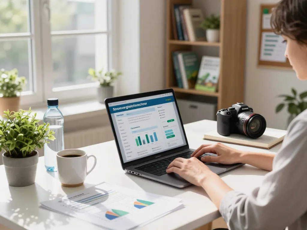 Verwendung eines Stromvergleichsrechners in einem gemütlichen Homeoffice mit Energietarif-Dokumenten und einem Laptop.