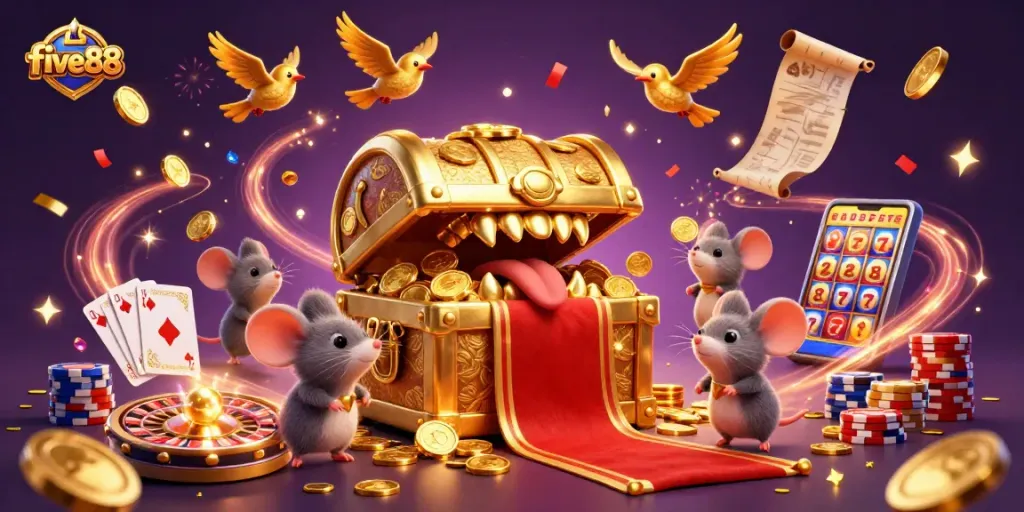Win big with five88 at this vibrant casino illustration featuring treasure chests, coins, and slot machines.