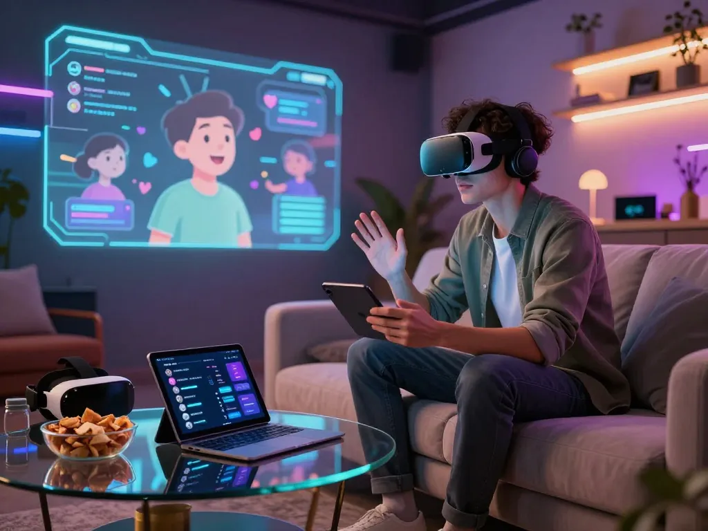 Engaging in porn chat AI from a cozy digital lounge with avatar interactions.