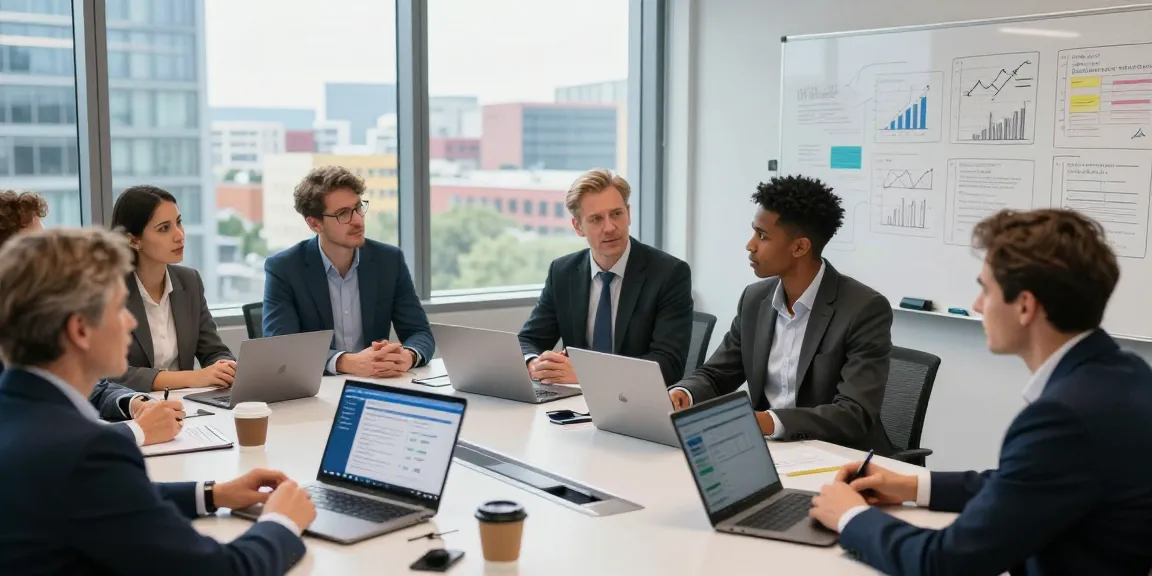 Team collaboration discussing Wirtschaftsverband für KMU in a modern corporate setting.