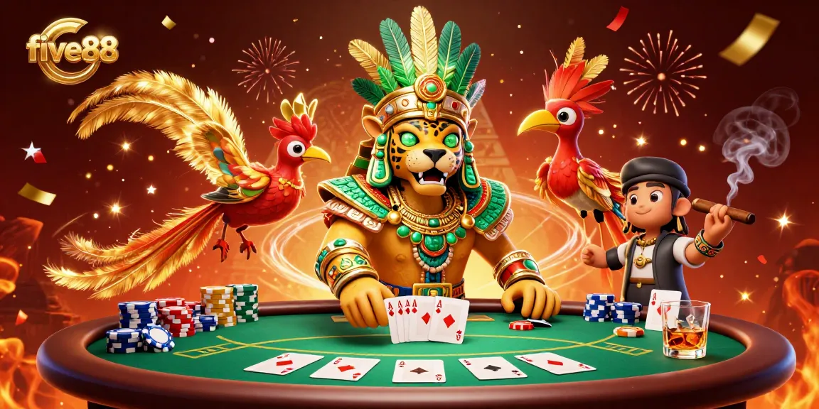 Engage in poker excitement with five88's vibrant Mayan-themed casino scene.