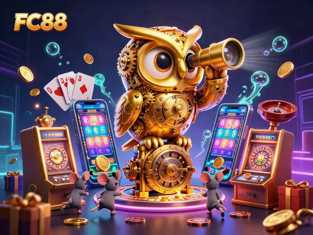 FC88 displays vibrant slot machine excitement with a golden owl and engaging gameplay elements.