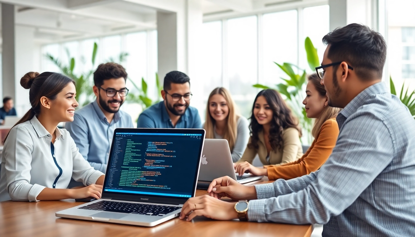 Software Entwicklung durch ein engagiertes Team in einem modernen Büro mit Laptops und kreativen Diskussionen.