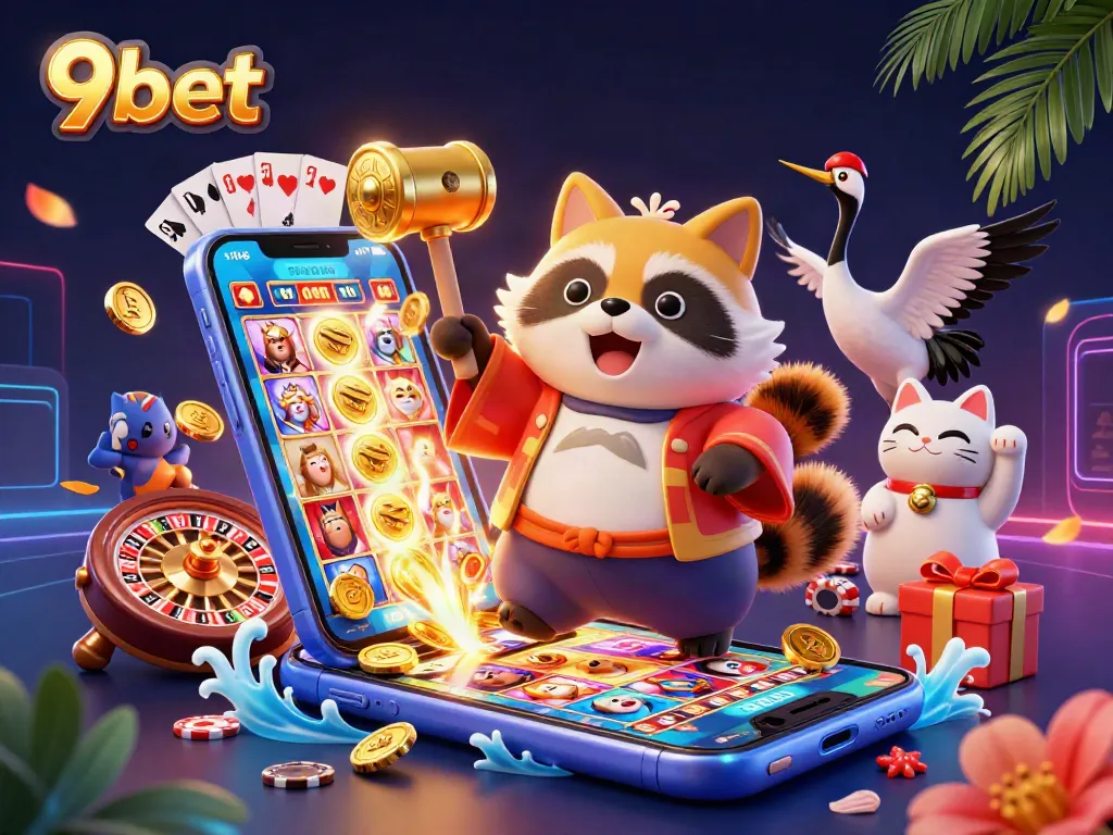 Experience thrilling wins with 9bet's exciting games and promotions in a vibrant 3D illustration.