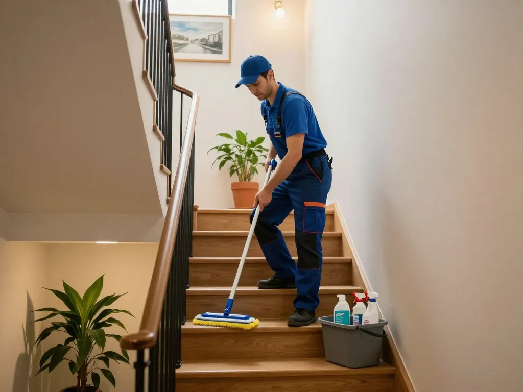 Treppenhaus reinigen lassen in Münster mit einem professionellen Reiniger, der für Sauberkeit in einem Mehrfamilienhaus sorgt.