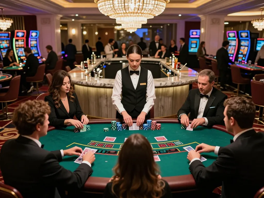 Experience the thrill of blackjack gameplay at a luxurious casino featuring XX88 with players, chips, and vibrant ambiance.