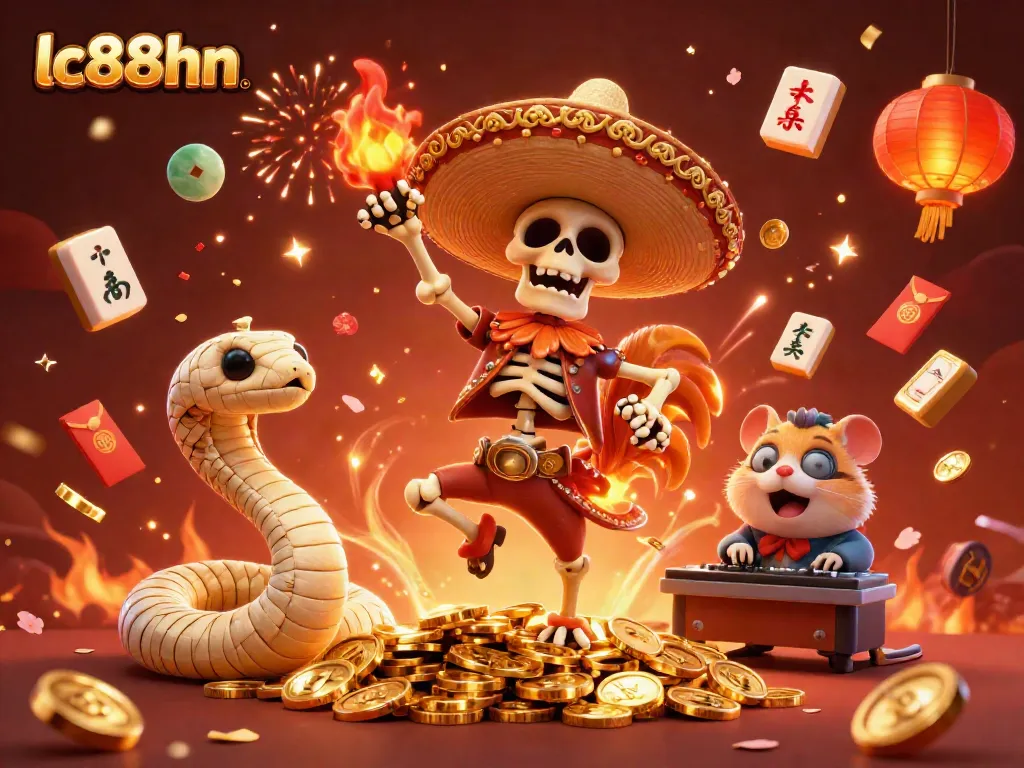 Engage with the vibrant celebration at lc88hn showcasing a cartoon skeleton dancing amidst golden coins and festive symbols.