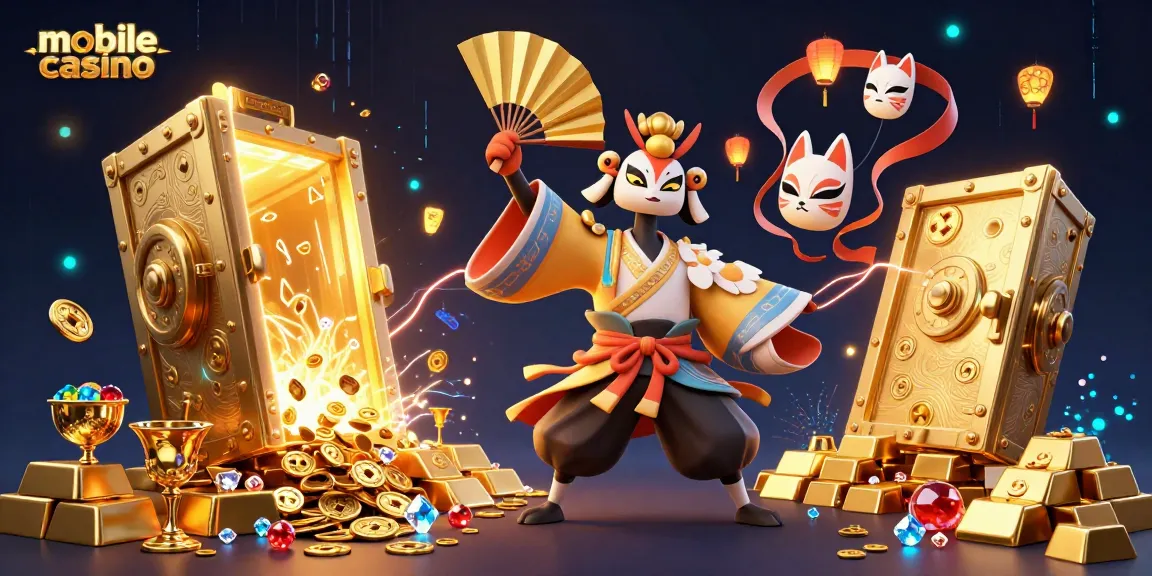 Experience thrilling games at the mobile casino with dynamic 3D illustrations featuring kabuki and kitsune.