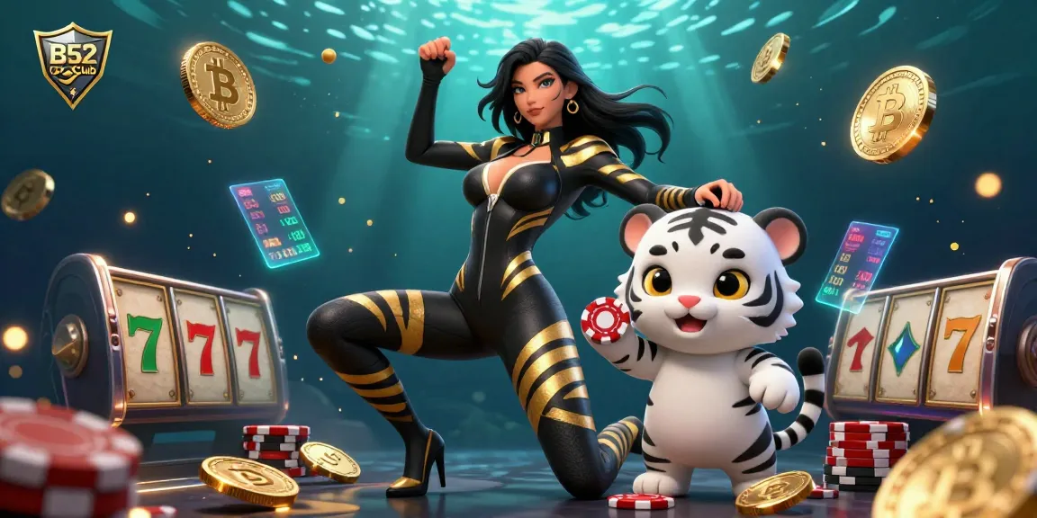 B52Club offers an immersive gaming experience featuring a woman in a catsuit with golden elements amidst poker chips and Bitcoin coins.