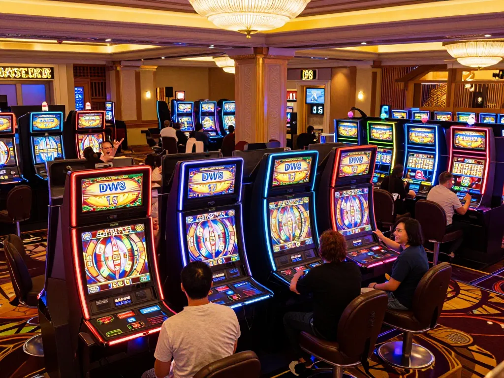 Engaging in thrilling slot machine gameplay at DW8, showcasing vibrant colors and dynamic atmosphere