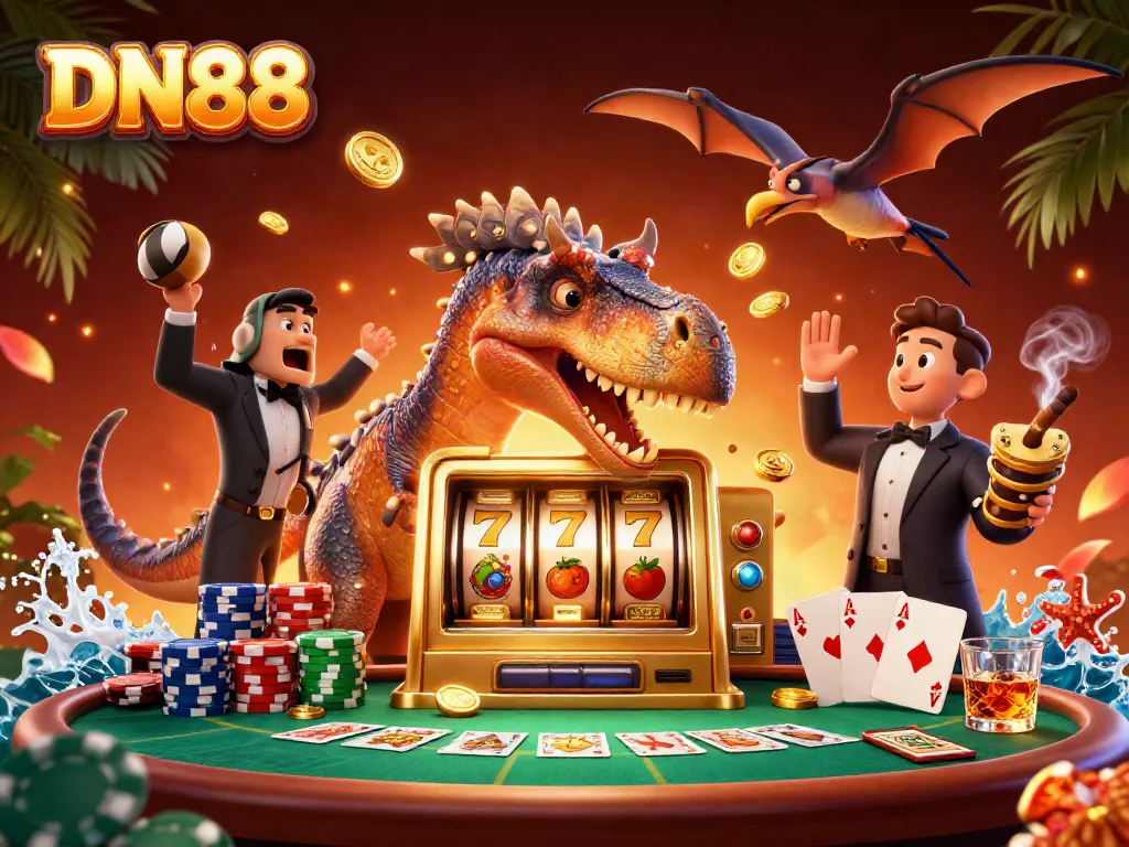 Experience the excitement of DN88 as a pachycephalosaurus wins a jackpot from a slot machine amidst dynamic casino scenes.