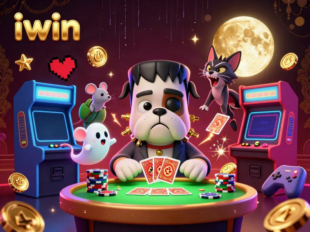 Engage in thrilling card games at iwin with a whimsical scene featuring a Frankenstein bulldog dealer.