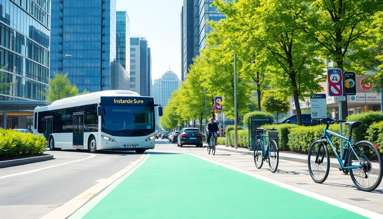Verkehrstechnologie bei nachhaltiger urbaner Mobilität mit E-Bus und Fahrradinfrastruktur.