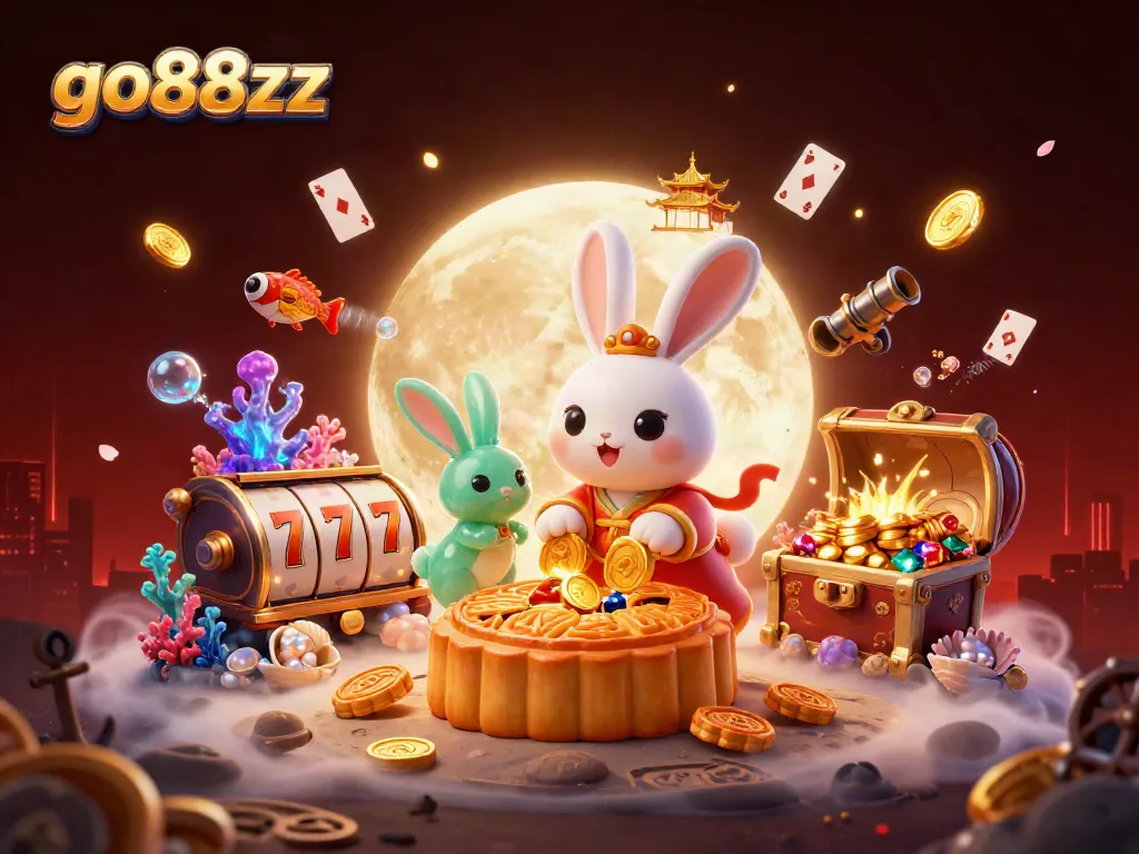 Engage in thrilling games at go88xz: a fantasy scene with a moon rabbit and poker chips.
