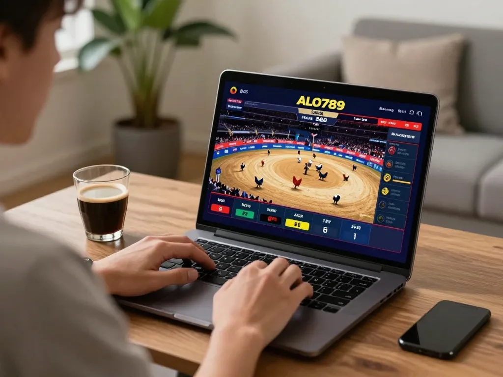 Engaging in ALO789 feedback while watching a live Thomo cockfight on a laptop in a cozy home setting.