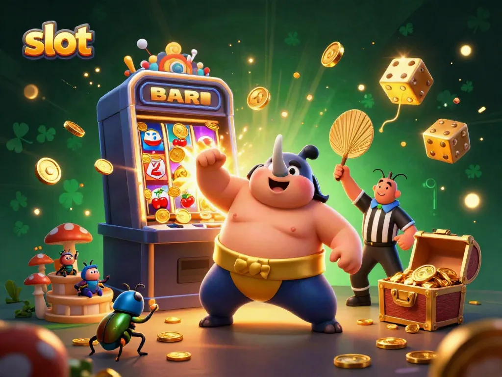 Engaging slot scene with a beetle champion and jackpot explosion showcasing slot features.