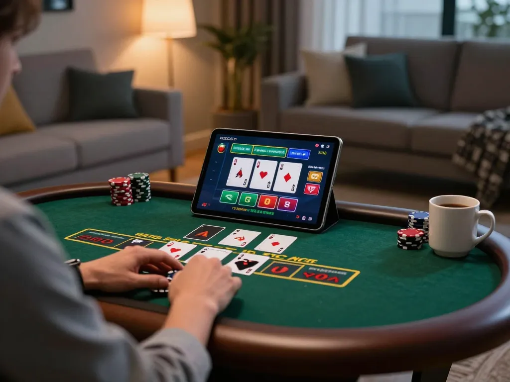 Go8 online players enjoying live dealer blackjack on tablet at home, cozy atmosphere