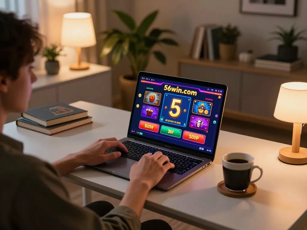 Player engaging with 56win.com on a laptop at home, showcasing an inviting gaming atmosphere with cozy decor.