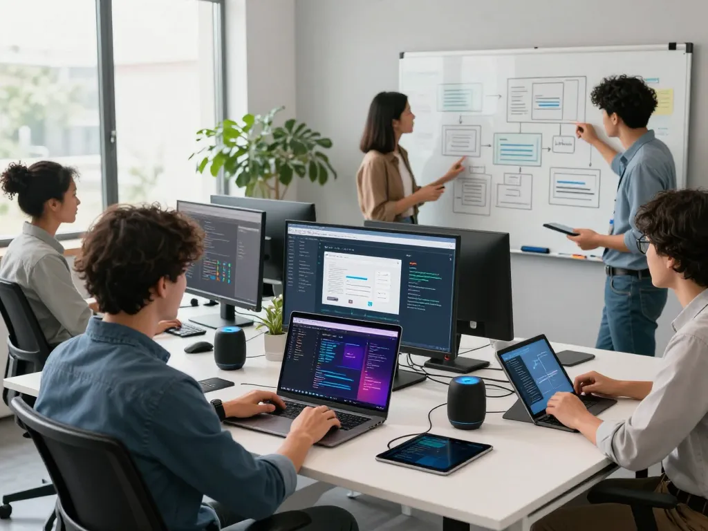Ein Team von Entwicklern arbeitet zusammen an der Entwicklung von Webanwendungen und zeigt einen lebhaften Arbeitsplatz, während sie innovative Lösungen planen und gestalten.