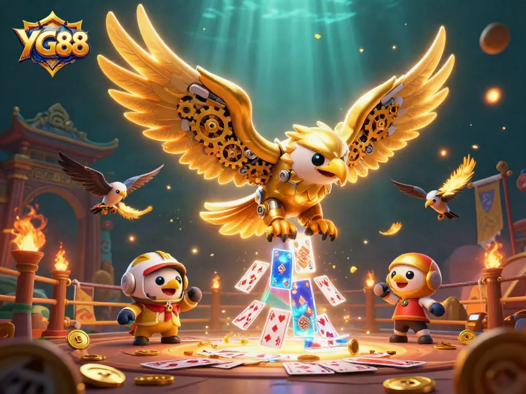 Engage with YG88's thrilling gambling world featuring a cybernetic eagle and vibrant casino elements.