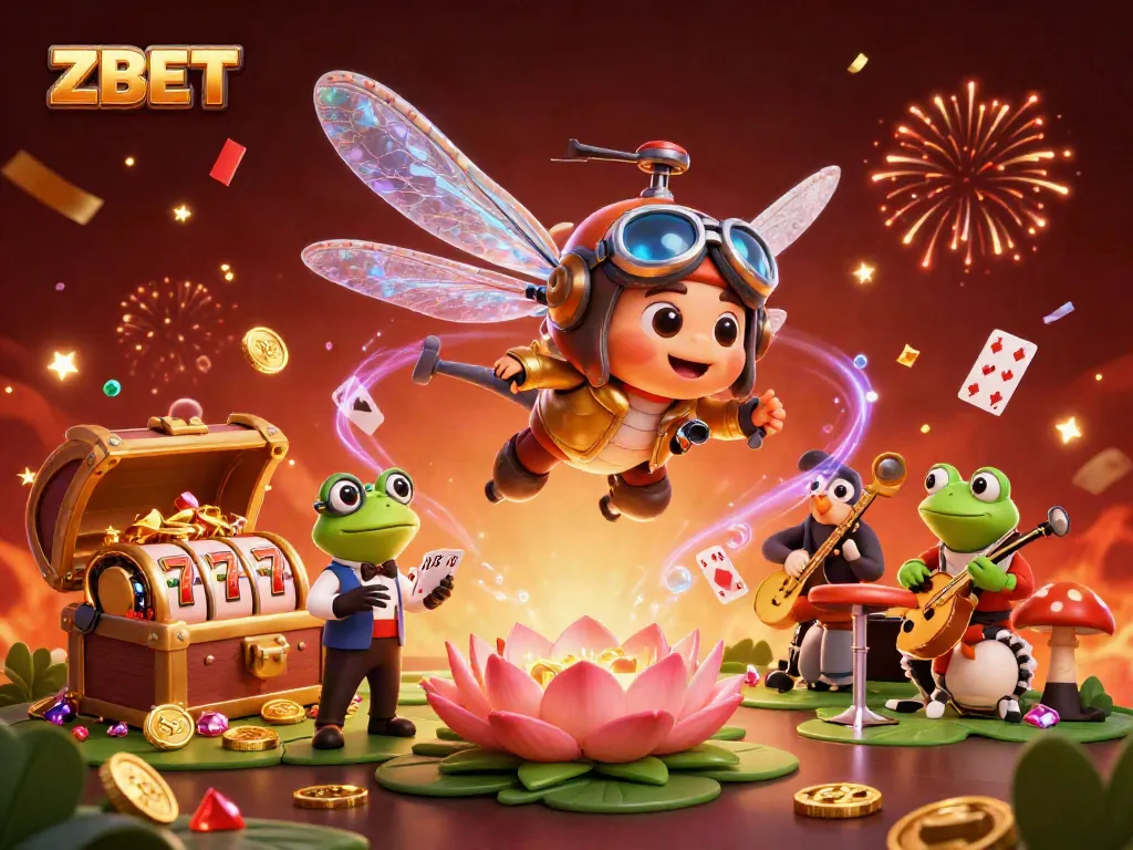 ZBET showcases a vibrant casino scene with characters, slot reels, and festive effects