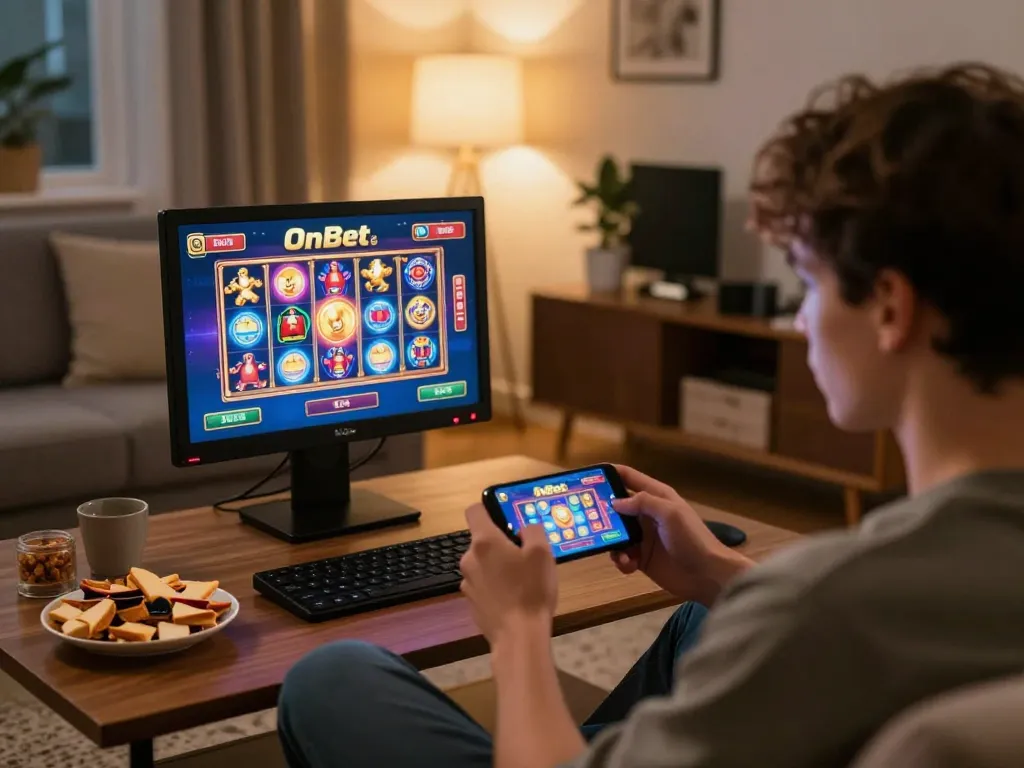 Engaging scene of a player enjoying OnBet's online casino games in a cozy home environment.
