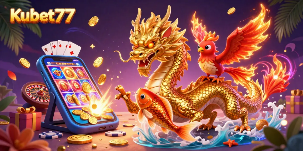 Play exciting games and win with Kubet77 in a vibrant casino scene featuring mythical characters.