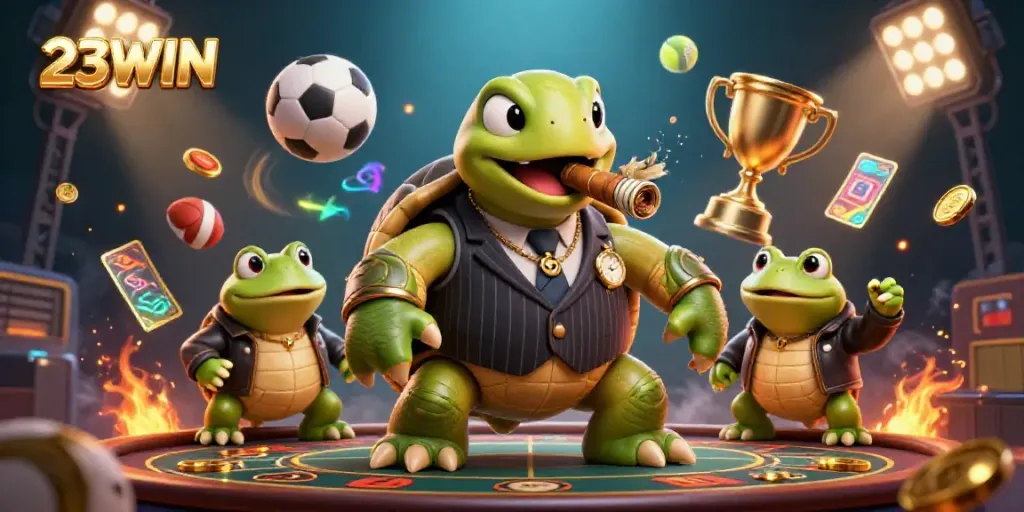 Experience thrilling action at 23WIN with the lively casino scene featuring a snapping turtle and bullfrog enforcers.