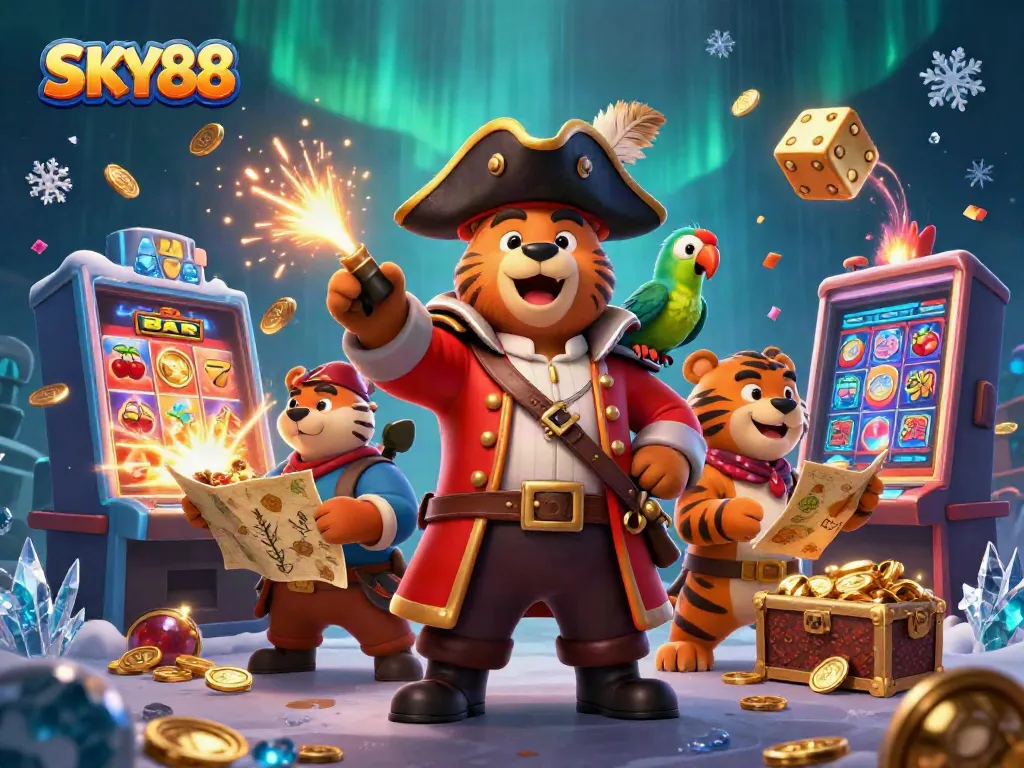 Engage with SKY88's vibrant casino scene featuring a pirate bear, tiger, and jackpot elements.