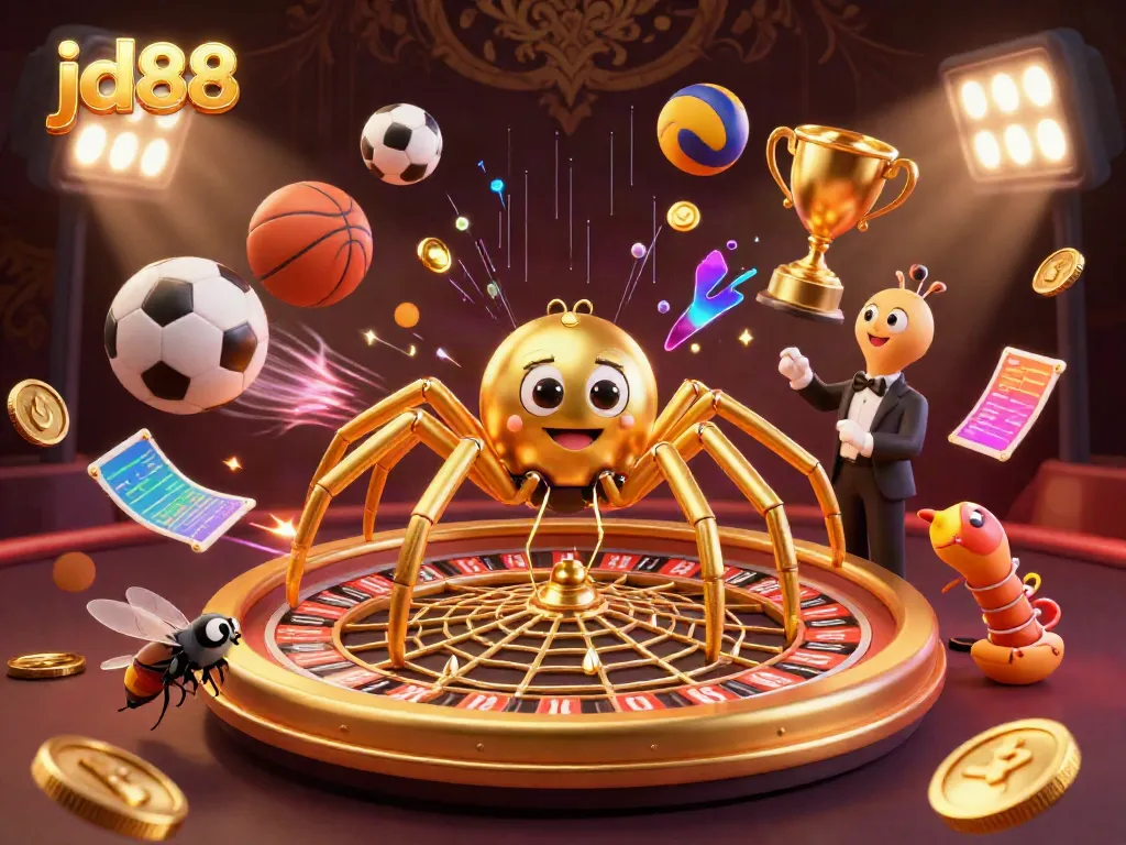 Engage in thrilling bets at jd88 with a 3D golden roulette spider and sports elements.