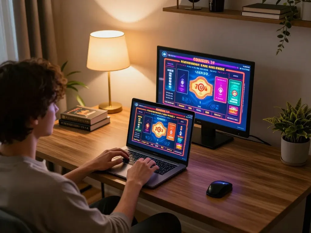 Player engaging in online casino games at dn88s, showcasing a modern gaming setup with laptop and cozy atmosphere.