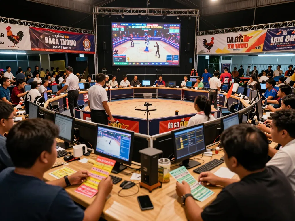 Experience the thrill of Đá gà thomo in a lively betting arena with spectators actively engaged.
