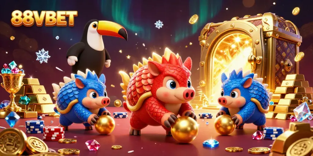 Experience the thrill of gambling with 88VBET in an energetic scene of rival pangolins rolling into golden balls.