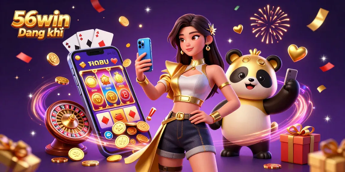 Experience the excitement of 56win Đăng ký with a vibrant casino game scene featuring a stylish Asian woman and a golden panda.