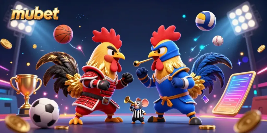 Experience the thrill of combat at Mubet with dynamic action featuring cartoon roosters in a standoff.
