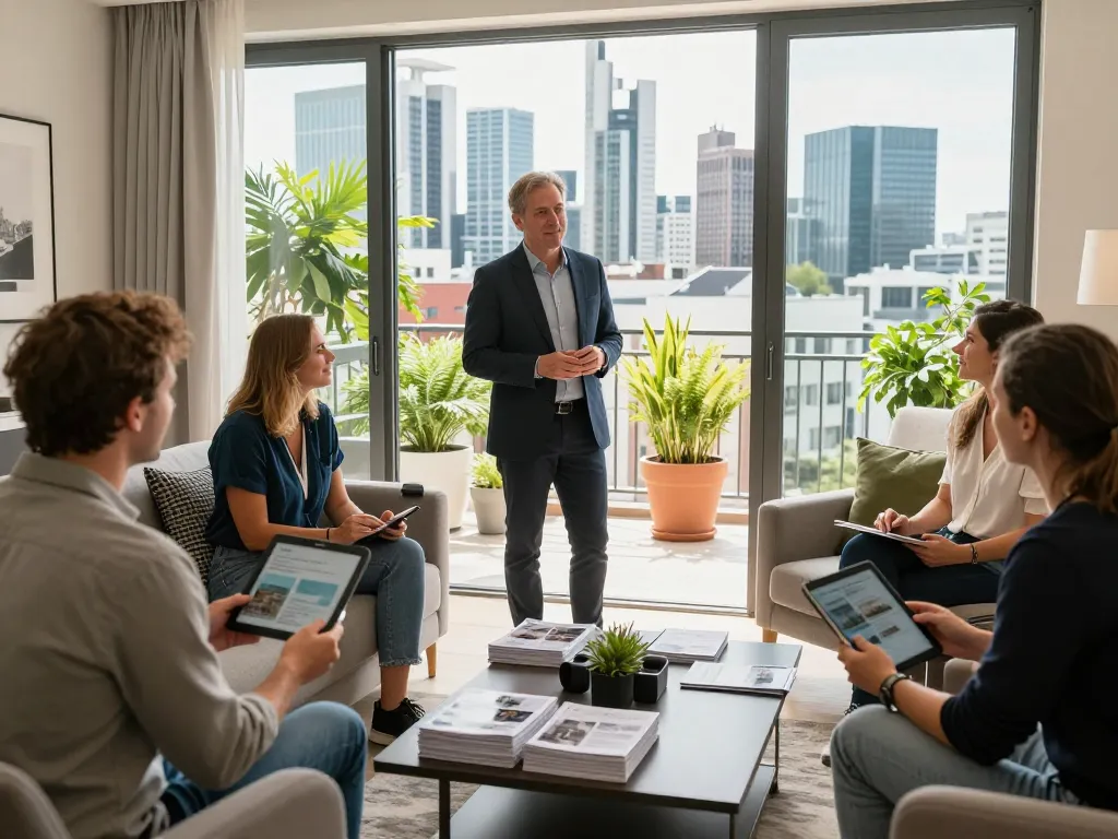 Immobilienmakler Frankfurt Sachsenhausen präsentiert eingerichtete Wohnung, moderne Einrichtung, Ausblick auf die Skyline der Stadt.