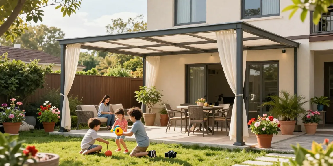 Freistehende Terrassenüberdachung in sonnigem Garten mit Familie, die Aktivitäten genießt.