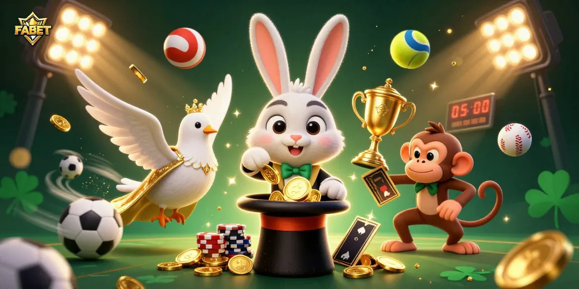 Engage with FABET's vibrant gaming scene featuring a magician rabbit, assistant dove, and playful monkey.