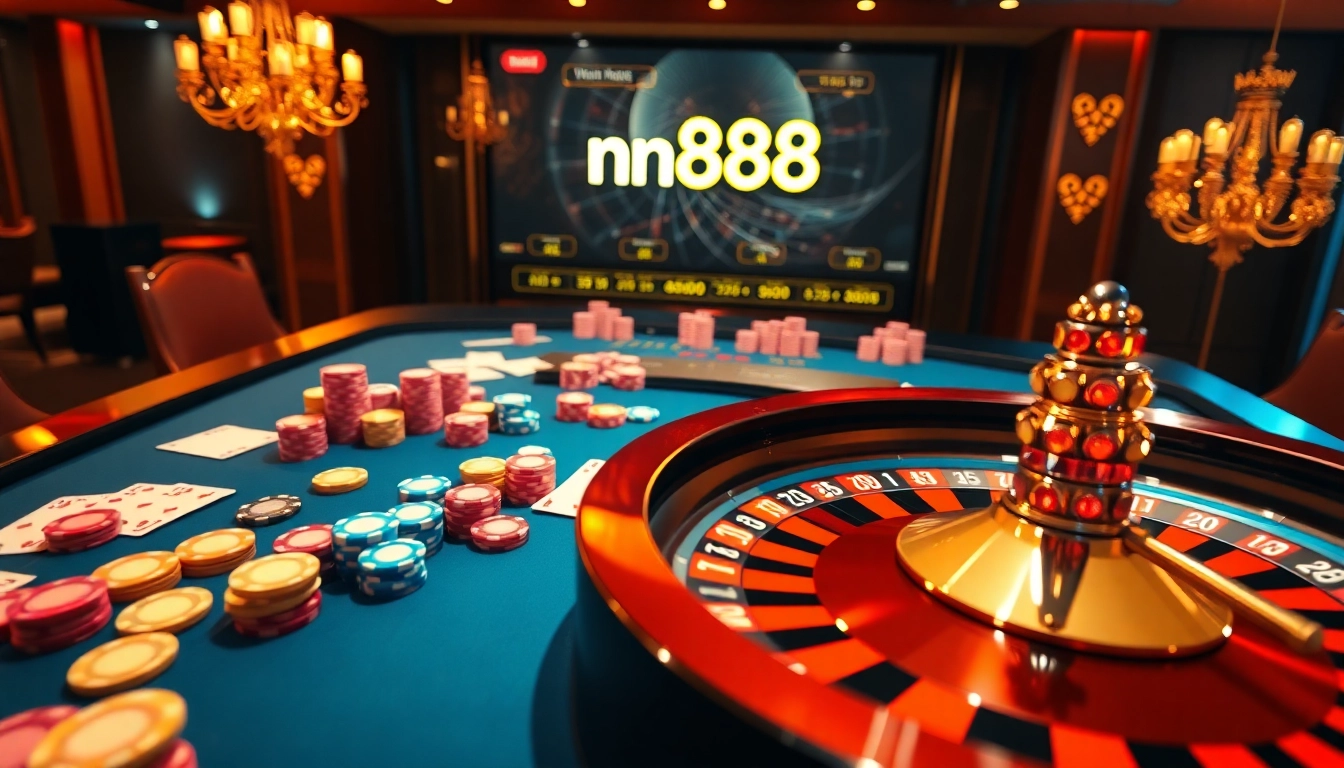 Experience the thrill of nn888 at a luxurious casino table with vibrant poker chips and roulette wheel.