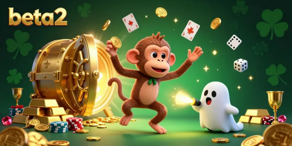 Engage with beta2's top games featuring a playful monkey juggling golden objects in a lively casino.