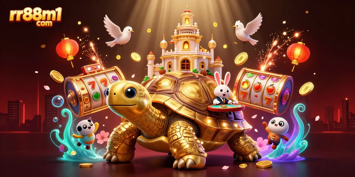 Experience the vibrant world of rr88m1 com with an animated casino featuring a golden tortoise and thrilling slot games.