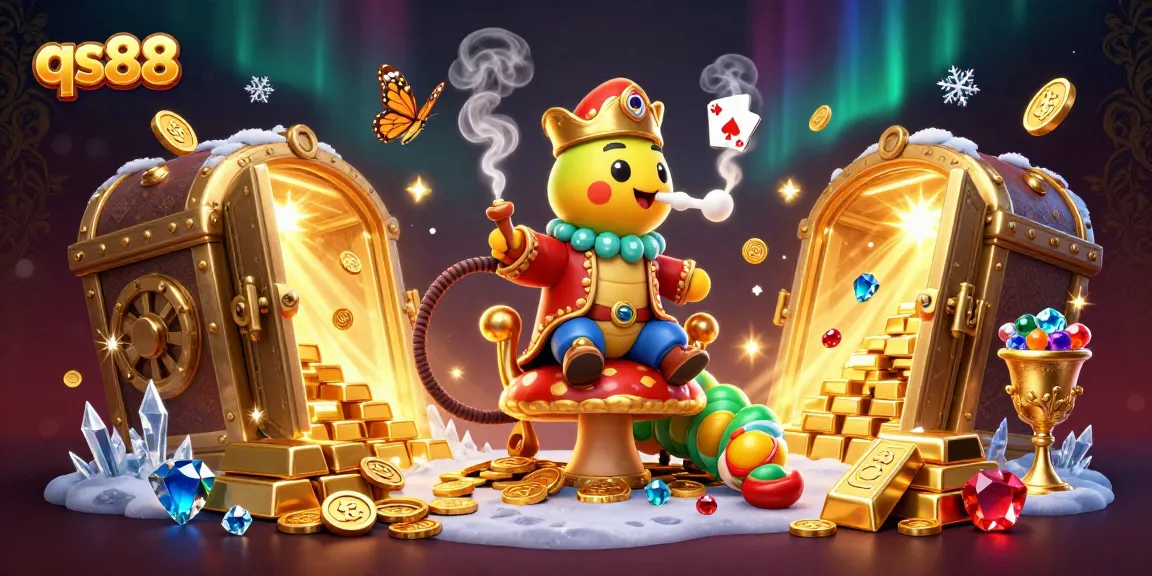 Experience the excitement of qs88 as the caterpillar poker master sits amidst treasures and games.