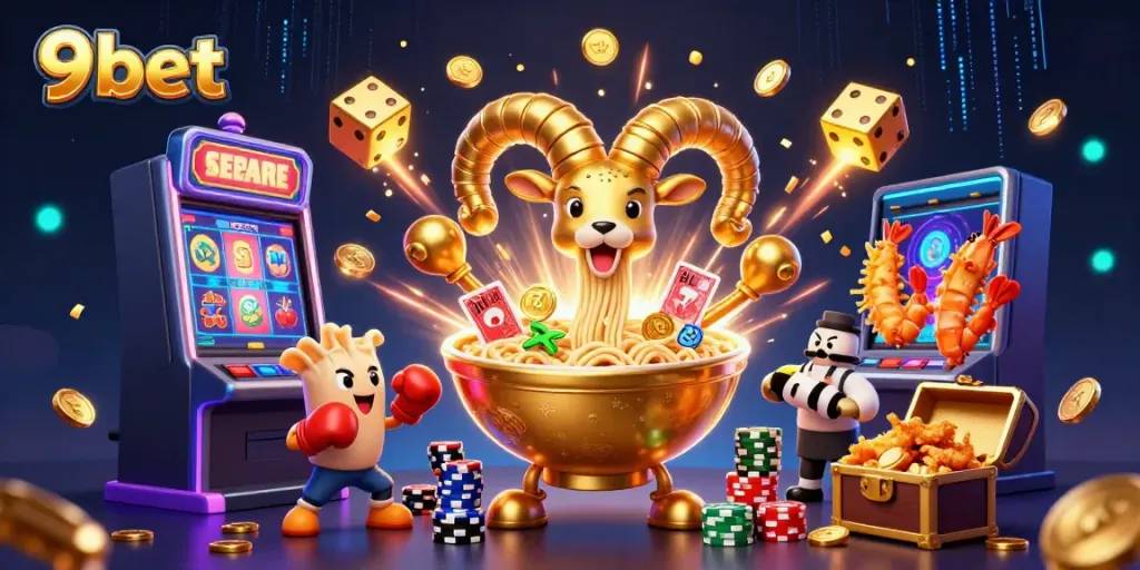 Experience the vibrant world of 9bet with a dynamic illustration of casino fun and winning potential.