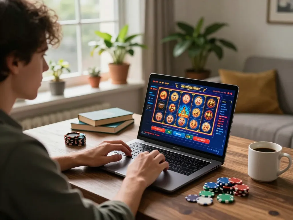 Engaged player exploring slots on fly88 in a cozy home gaming setup.