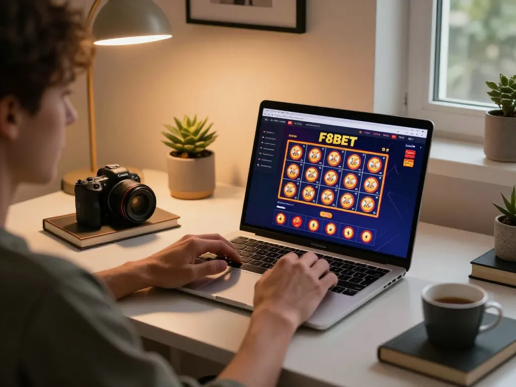 Engaging online gambling experience at https://f8bet.dental/ showing a user playing on a laptop with casino games.