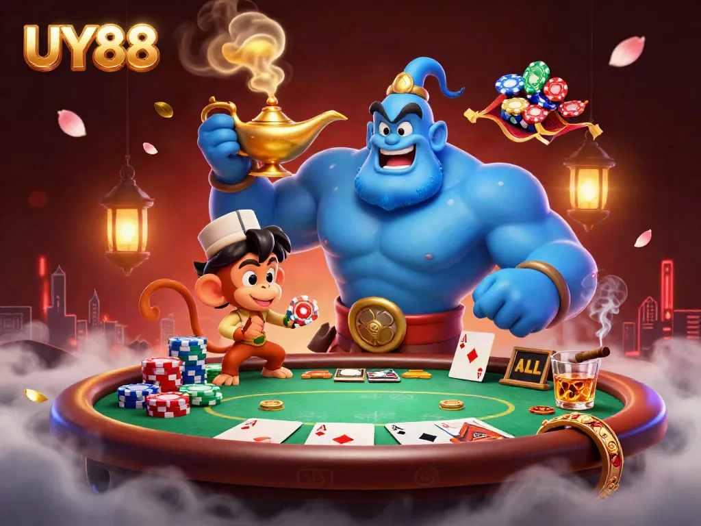 Experience UY88 with a vibrant casino scene featuring a genie and poker elements.