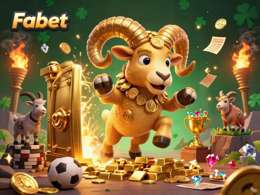 Engage in thrilling sports betting with Fabet as a golden ram charges forward amidst treasure vaults and piles of wealth.