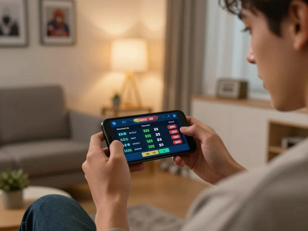 Betting on F168 with smartphone in a cozy living room during an exciting game.