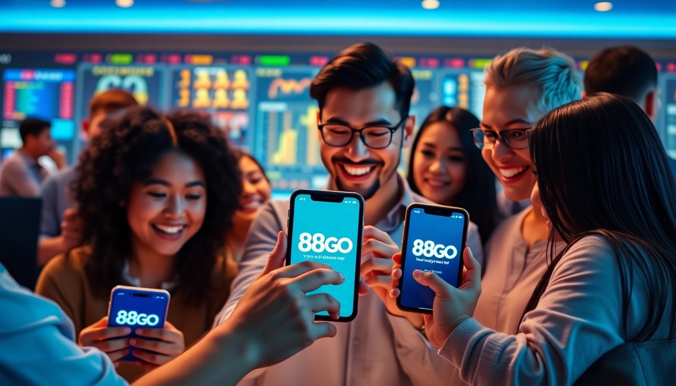 Engaging scene of diverse players enjoying online gaming with the 88GO app, showcasing a vibrant community.